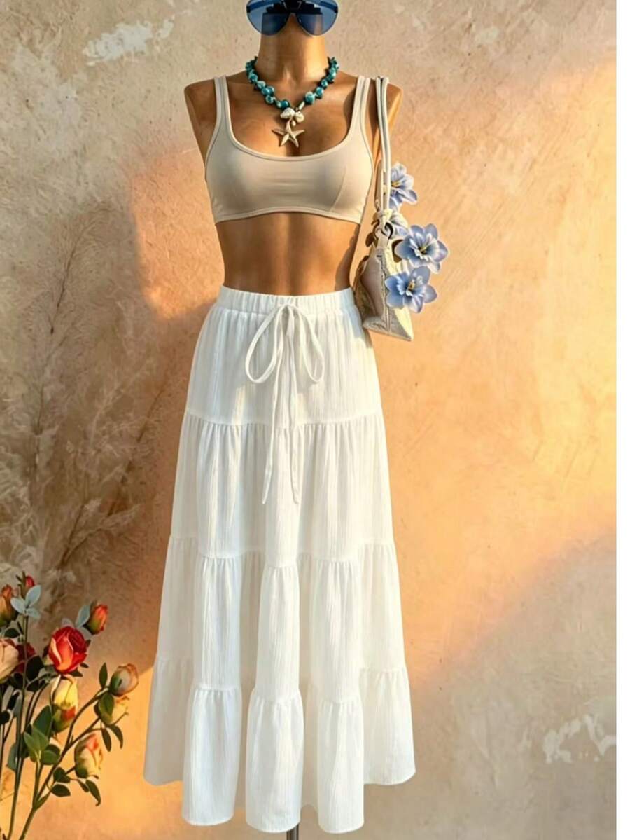 SHEIN تنورة بيضاء طويلة متعددة الطبقات برباط أمامي