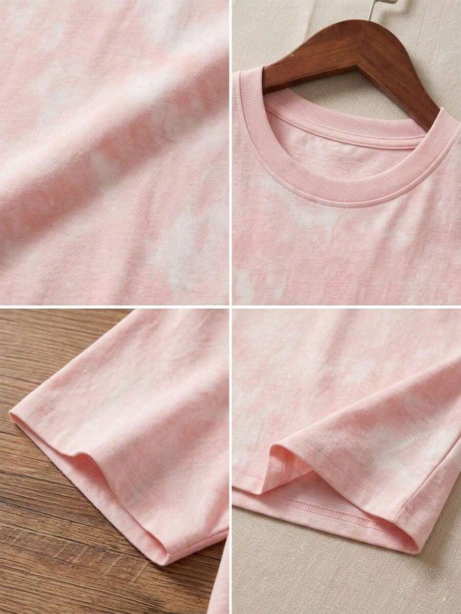 SHEIN تي شيرت كوري فضفاض بطبعة حروف وتدرج وردي ساكورا