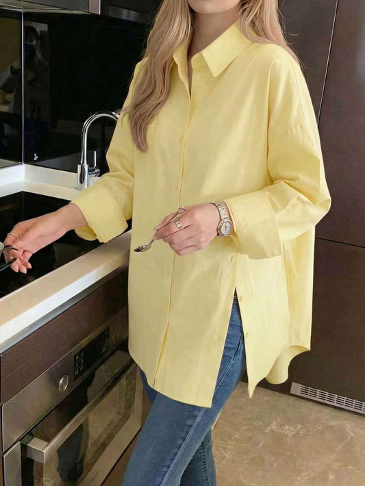 SHEIN قميص نسائي بأكمام طويلة وأزرار أمامية وجيب بلون أصفر