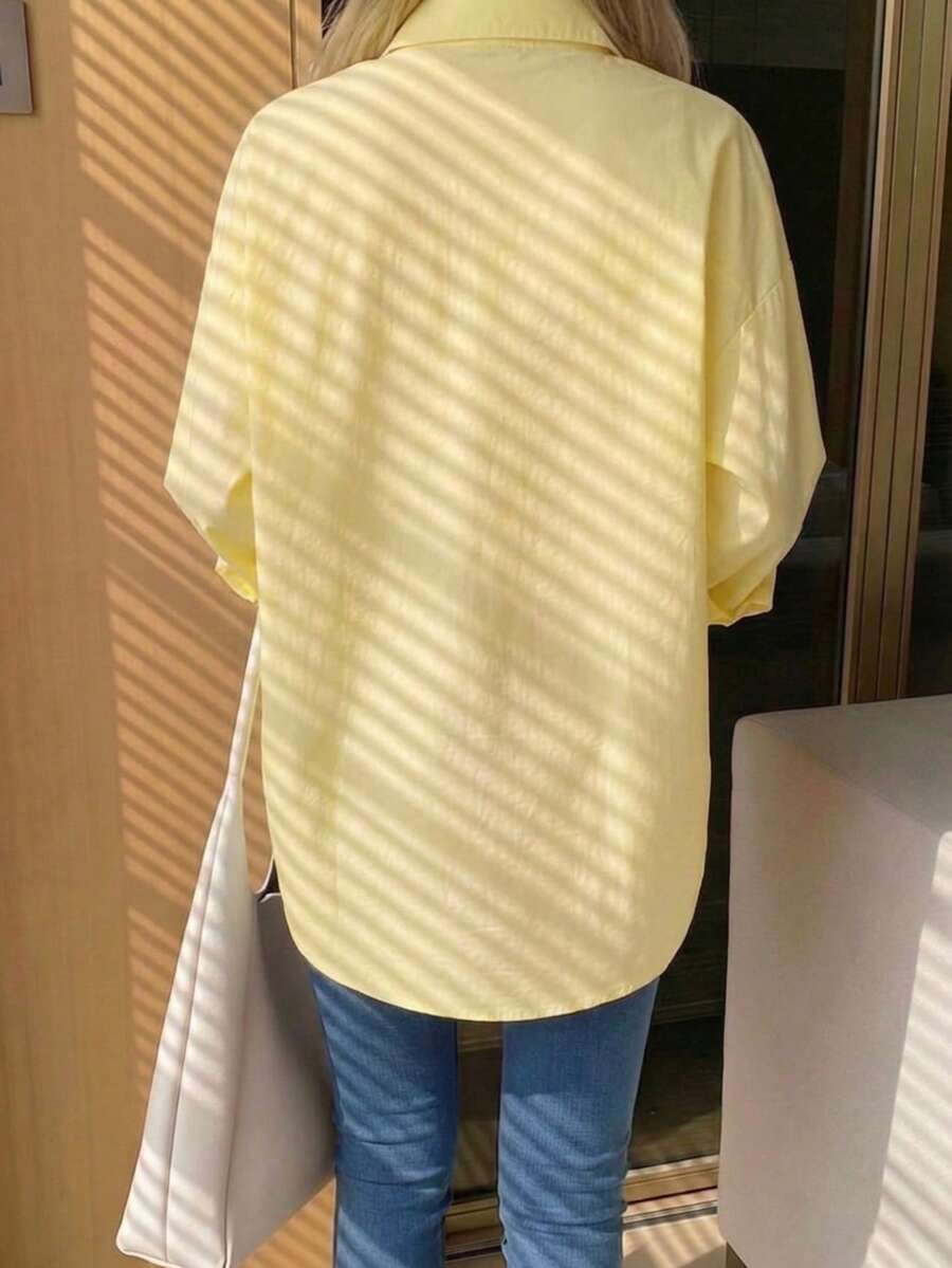 SHEIN قميص نسائي بأكمام طويلة وأزرار أمامية وجيب بلون أصفر