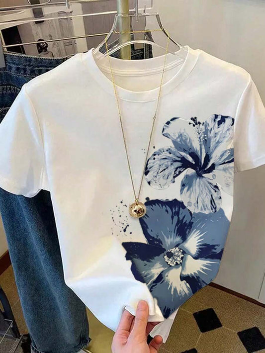 SHEIN Resyla تي شيرت نسائي فضفاض بطبعة زهور مائية