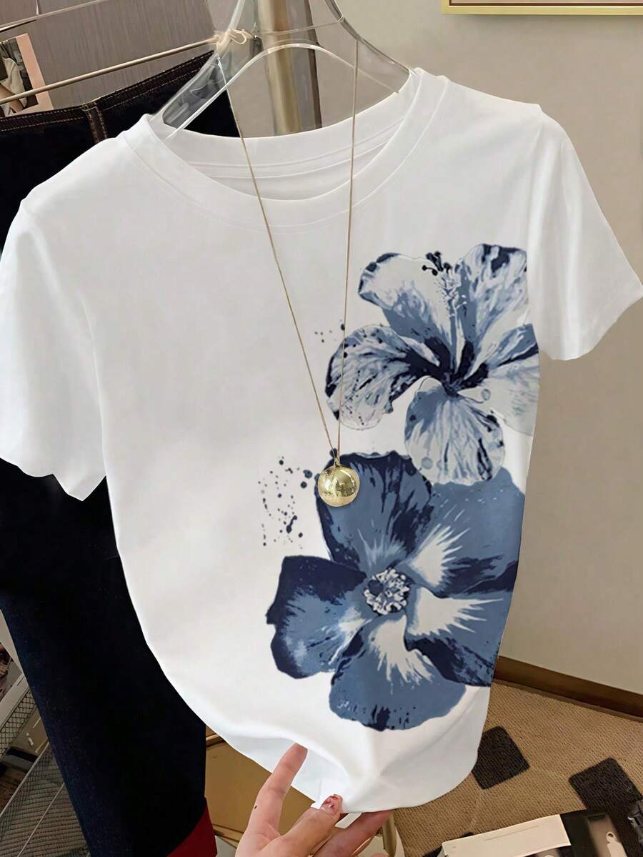 SHEIN Resyla تي شيرت نسائي فضفاض بطبعة زهور مائية