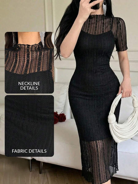 SHEIN Feyla فستان سهرة أسود طويل من الدانتيل
