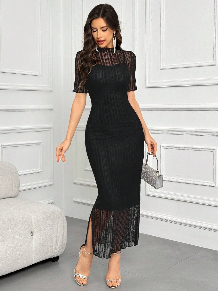 SHEIN Feyla فستان سهرة أسود طويل من الدانتيل