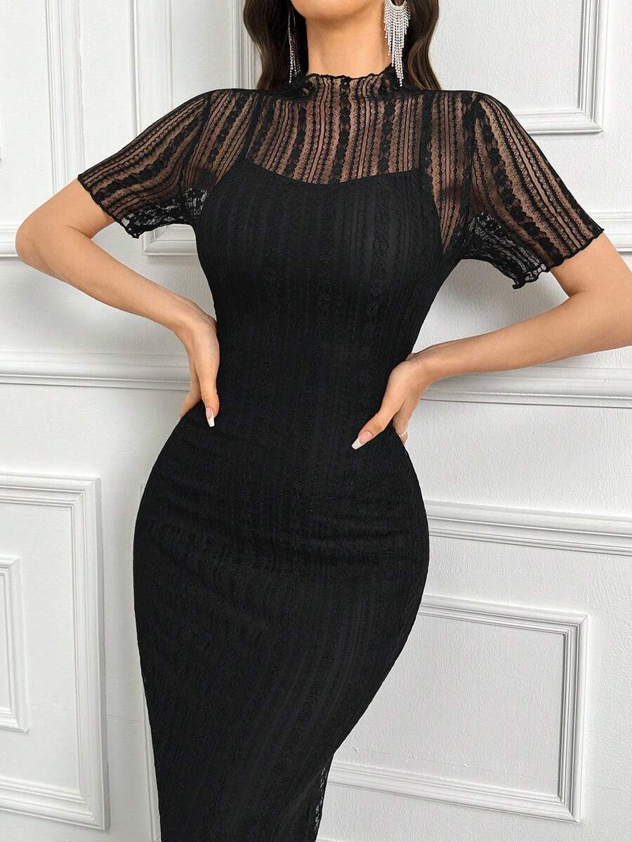SHEIN Feyla فستان سهرة أسود طويل من الدانتيل