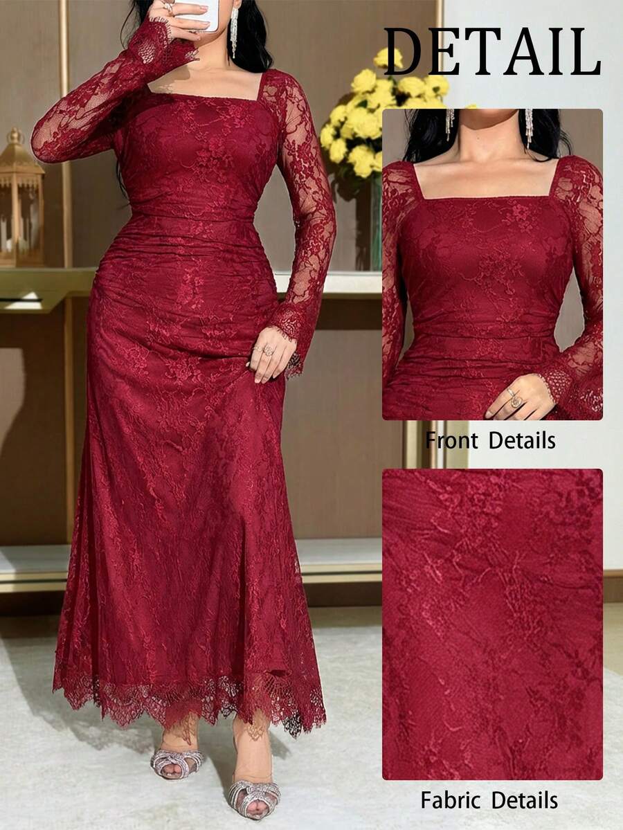 SHEIN Feyla فستان بياقة مربعة وأكمام طويلة مزخرف بالدانتيل والكشكشة