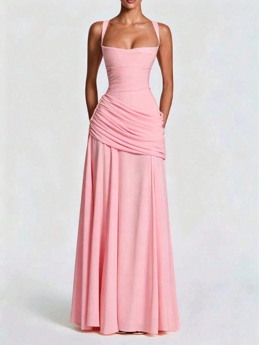 SHEIN فستان وردي بظهر مكشوف بتصميم مطوي أنيق