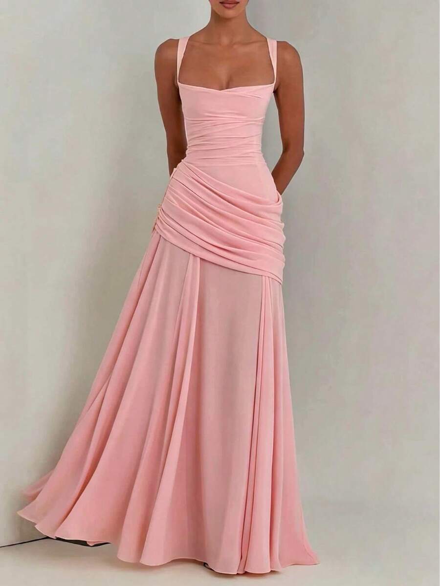 SHEIN فستان وردي بظهر مكشوف بتصميم مطوي أنيق