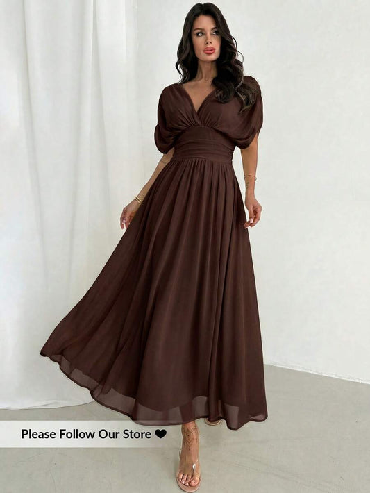 SHEIN Firerie فستان بني بأكمام خفاش مطوية وذيل مكشكش