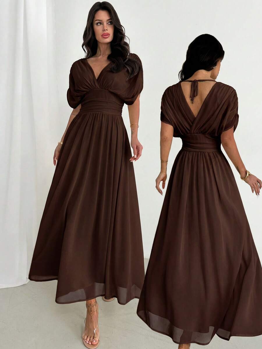 SHEIN Firerie فستان بني بأكمام خفاش مطوية وذيل مكشكش
