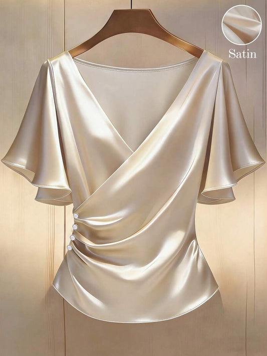 SHEIN Franclia بلوزة ساتان بأكمام قصيرة مكشكشة