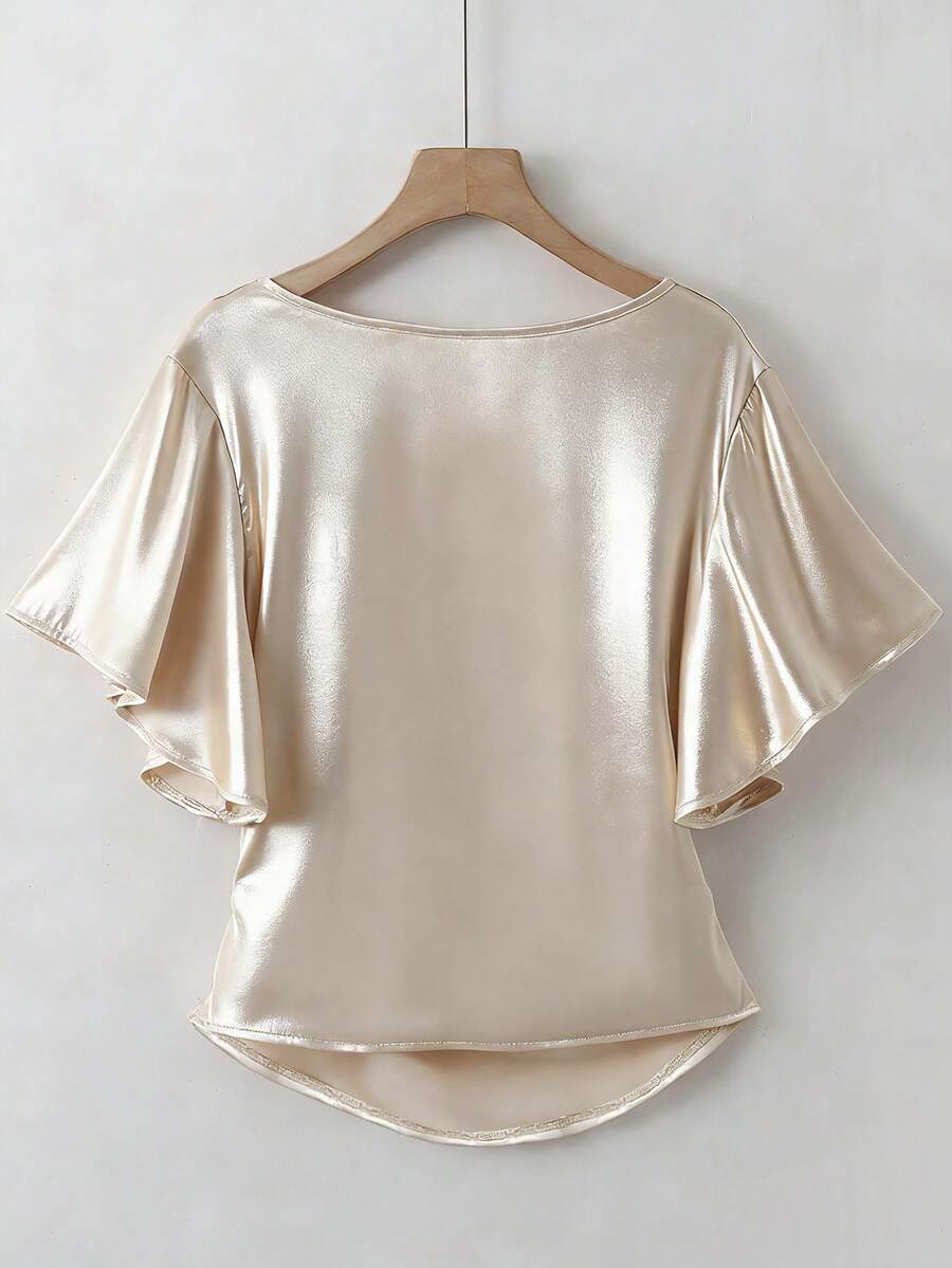 SHEIN Franclia بلوزة ساتان بأكمام قصيرة مكشكشة