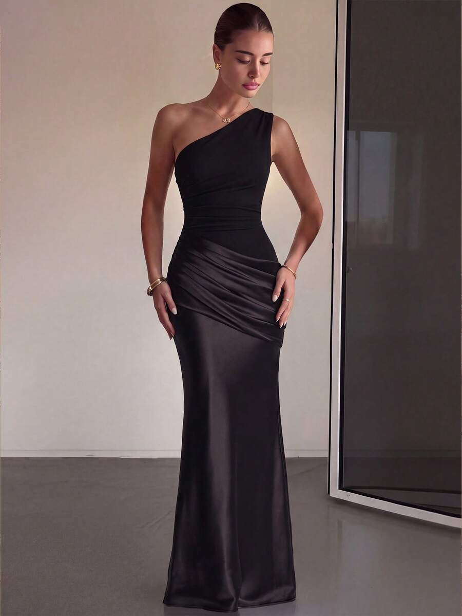 SHEIN فستان أسود أنيق بكتف واحد بتصميم مطوي