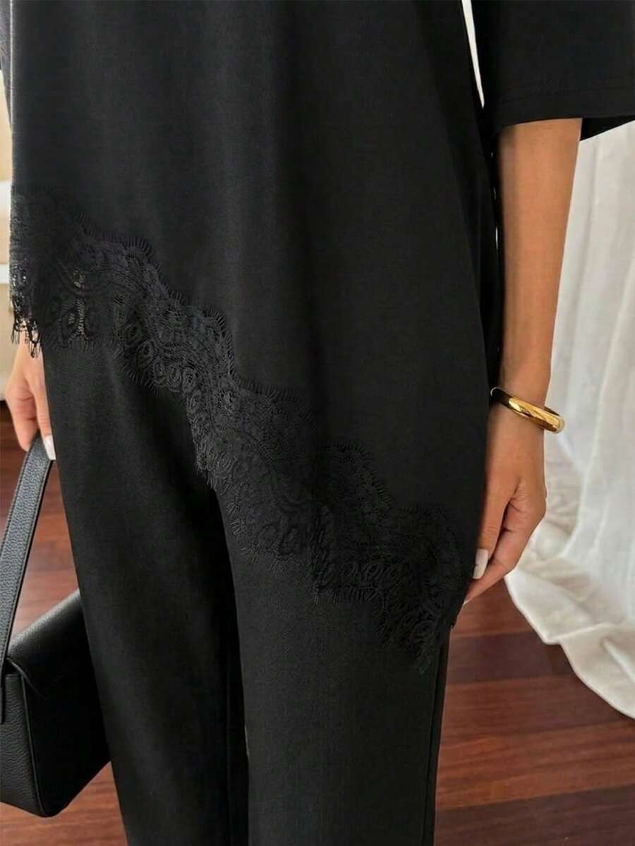 SHEIN Aloruh طقم قطعتين تي شيرت وبنطال طويل مزين بالدانتيل