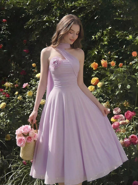 SHEIN MOD فستان بنفسجي مطوي مزين بزهرة ثلاثية الأبعاد