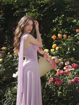 SHEIN MOD فستان بنفسجي مطوي مزين بزهرة ثلاثية الأبعاد