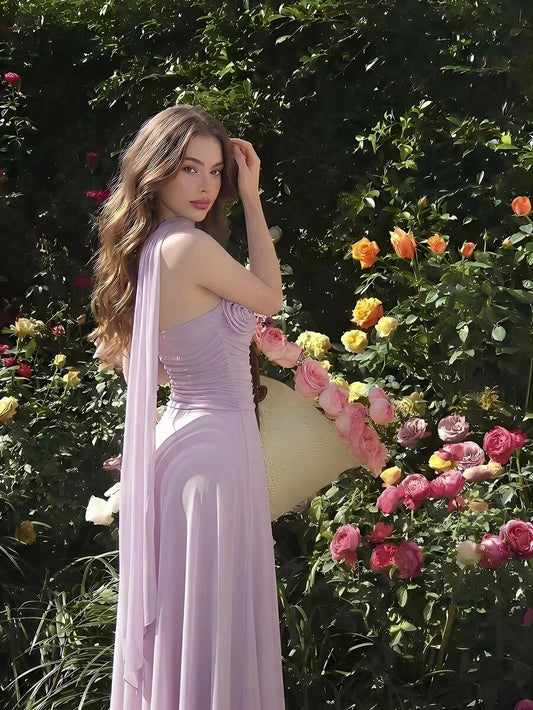 SHEIN MOD فستان بنفسجي مطوي مزين بزهرة ثلاثية الأبعاد