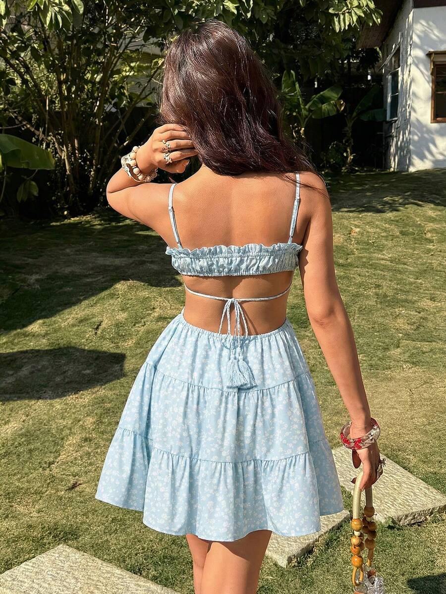 SHEIN KARISMINA فستان كامي قصير بطبعة كاملة مكشكش
