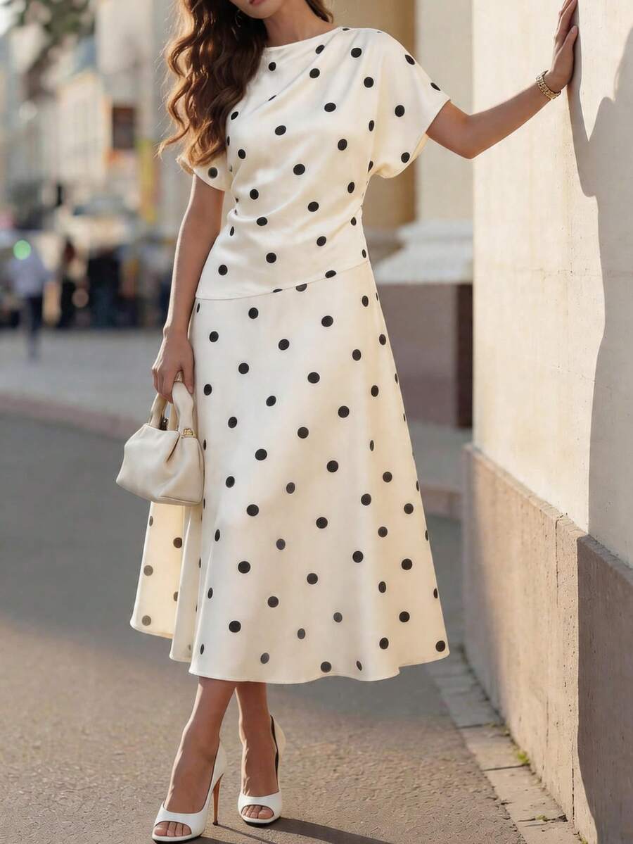SHEIN فستان كاجوال أنيق بلون مشمشي بنقشة نقاط