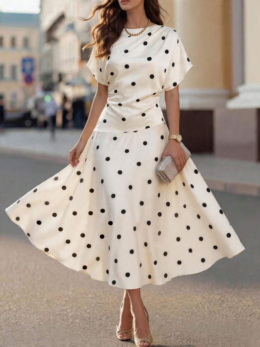 SHEIN فستان كاجوال أنيق بلون مشمشي بنقشة نقاط