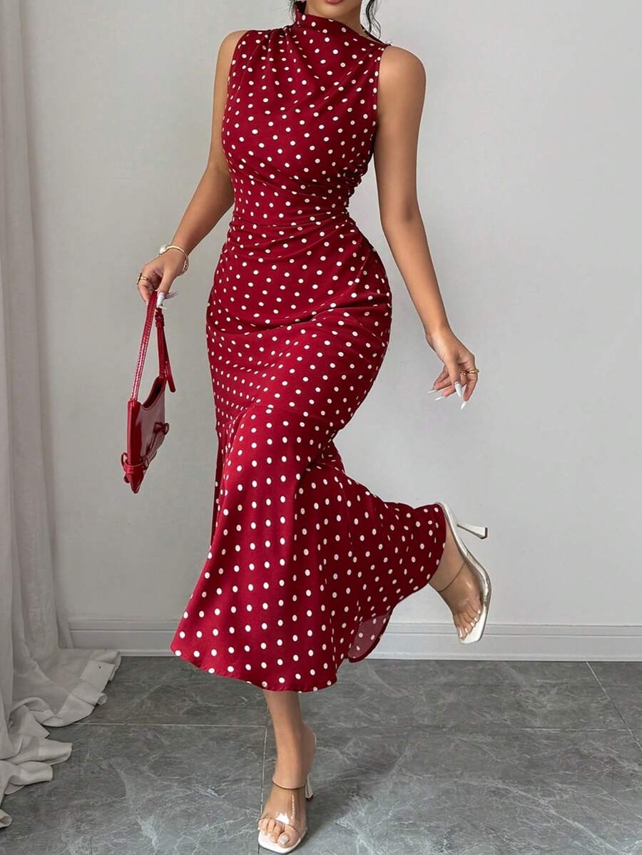 SHEIN Rafferiza فستان أحمر ضيق بخصر مشدود بنقشة نقاط