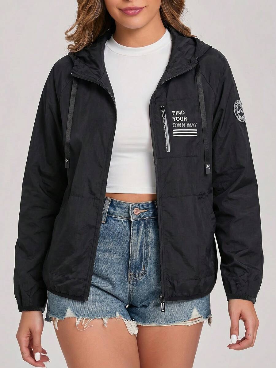 SHEIN جاكيت نسائي أسود بغطاء رأس وسحاب وجيوب وأكمام راجلان