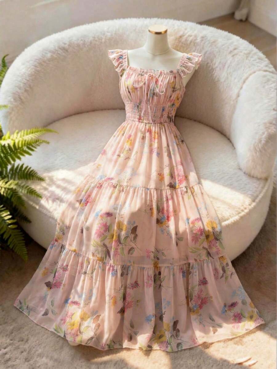 SHEIN GlowEve فستان شيفون مزخرف بزهور صغيرة بحمالات وخصر مجمع وتنورة