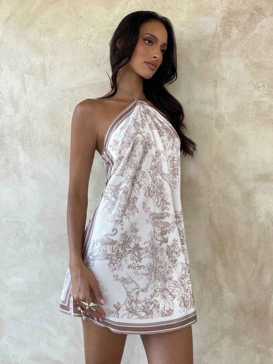 SHEIN Aloruh فستان قصير جاكار بسلسلة معدنية على الرقبة