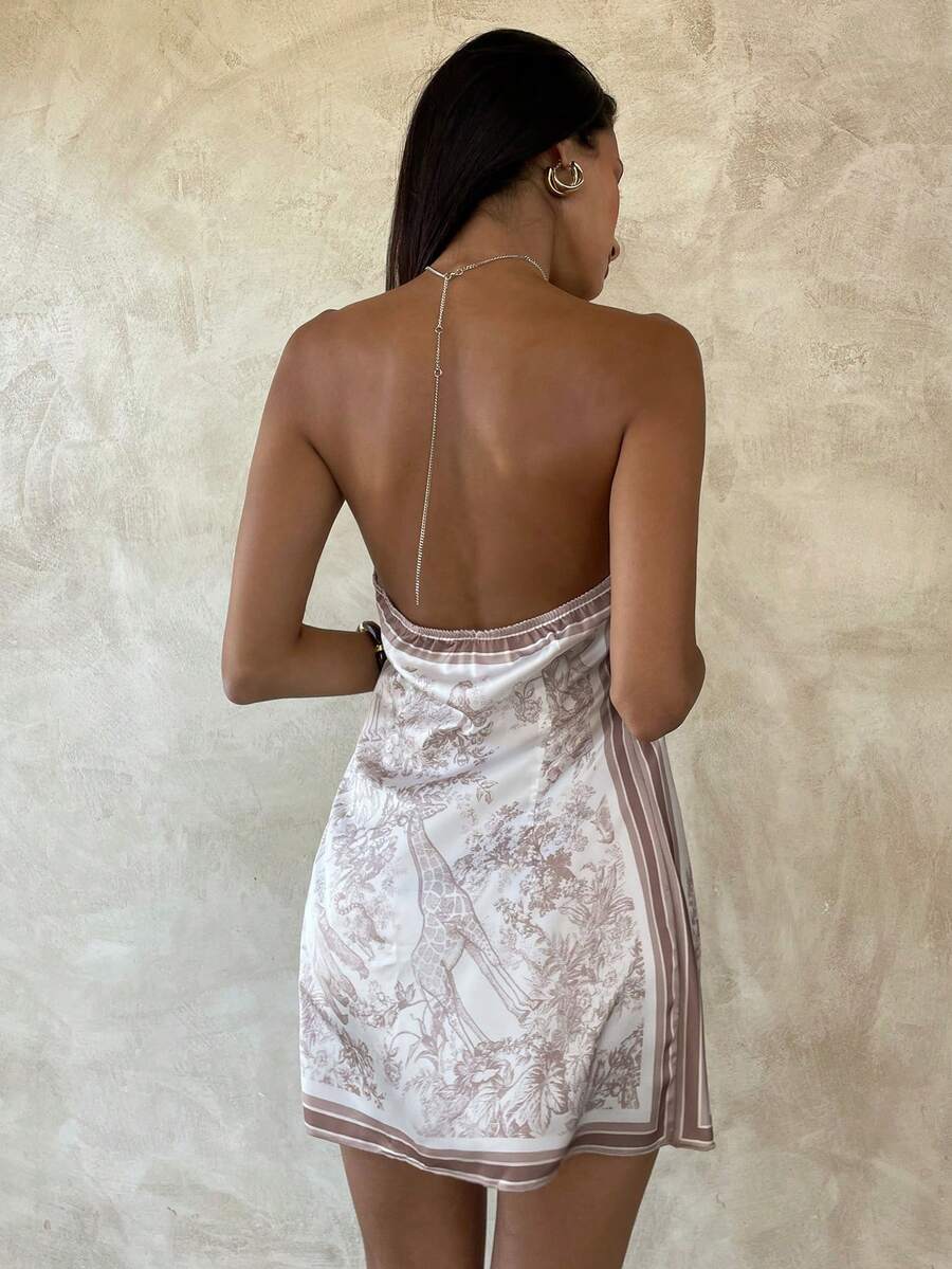 SHEIN Aloruh فستان قصير جاكار بسلسلة معدنية على الرقبة