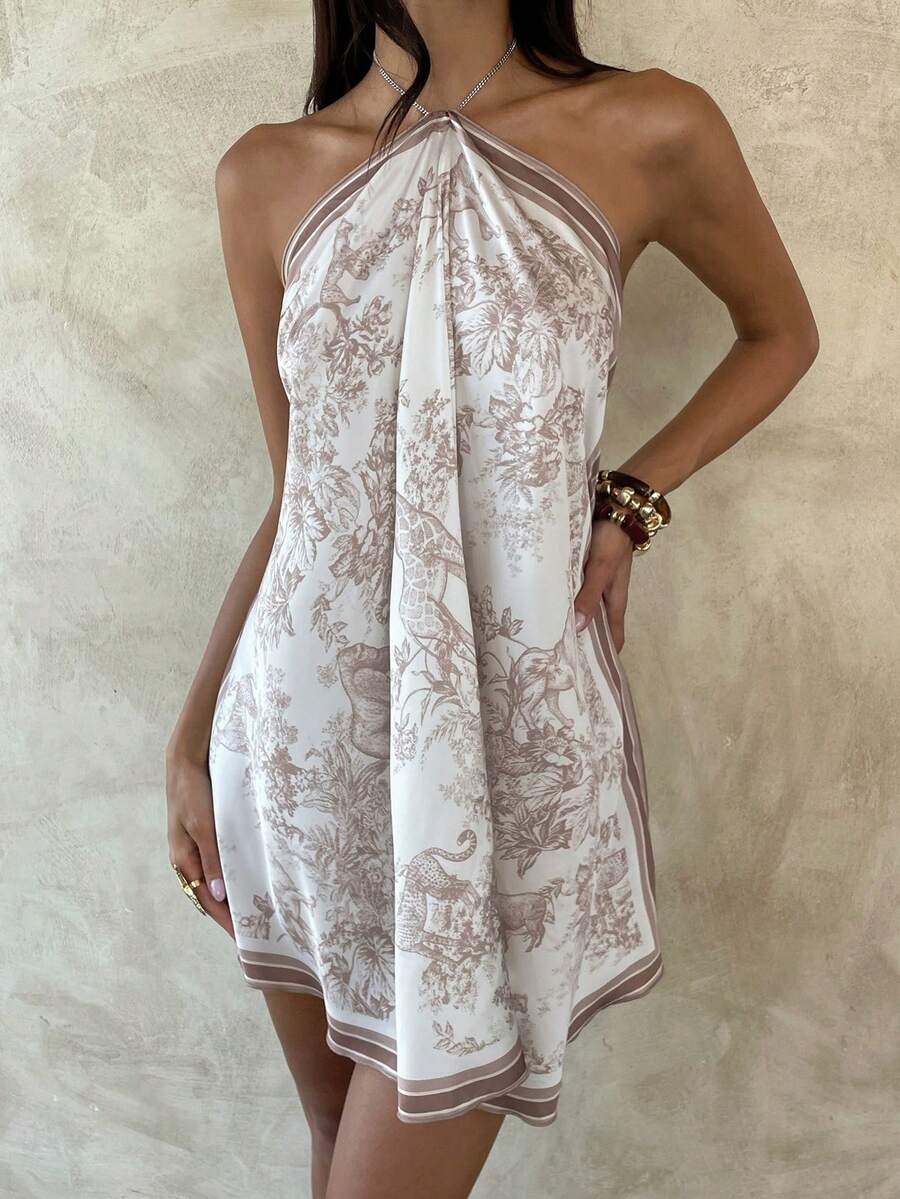 SHEIN Aloruh فستان قصير جاكار بسلسلة معدنية على الرقبة