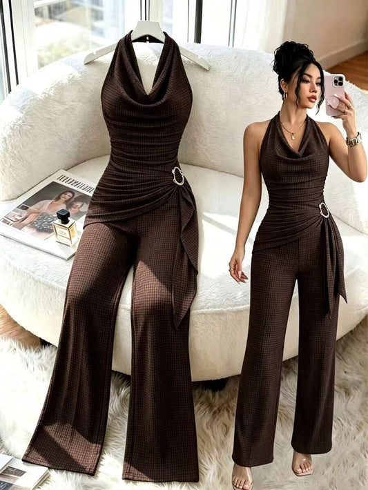 SHEIN GlowEve جمبسوت صيفي أنيق بني بياقة منسدلة وحلقة ذهبية من