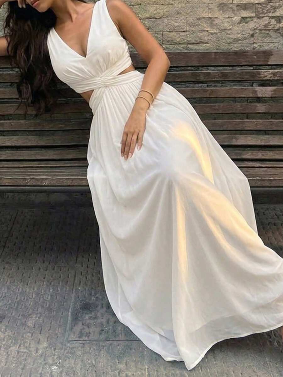 SHEIN PERIROSE فستان أبيض شيفون أنيق بخصر متقاطع