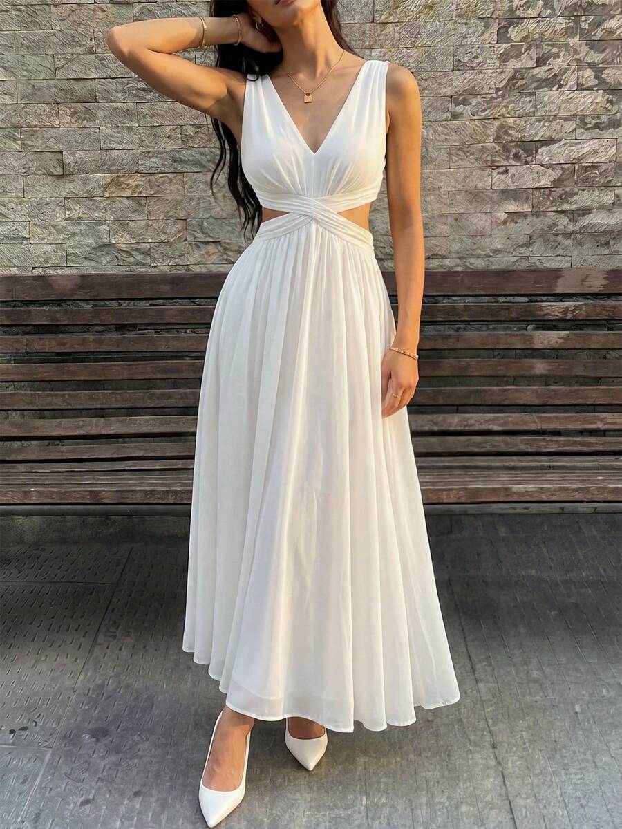 SHEIN PERIROSE فستان أبيض شيفون أنيق بخصر متقاطع