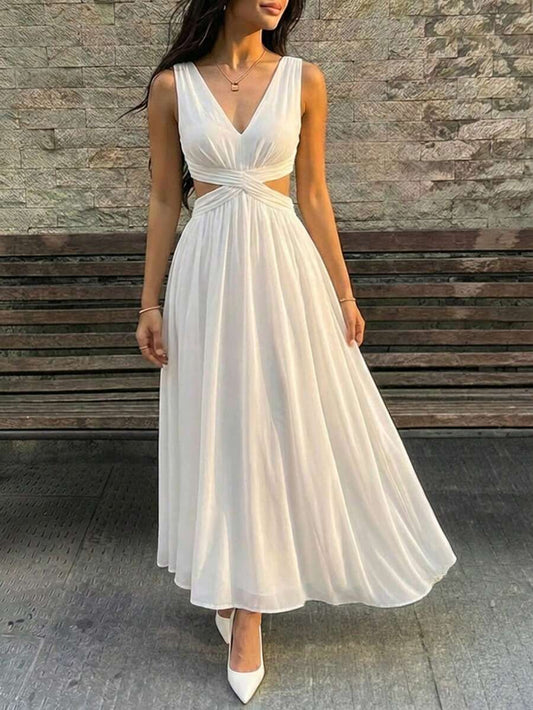 SHEIN PERIROSE فستان أبيض شيفون أنيق بخصر متقاطع