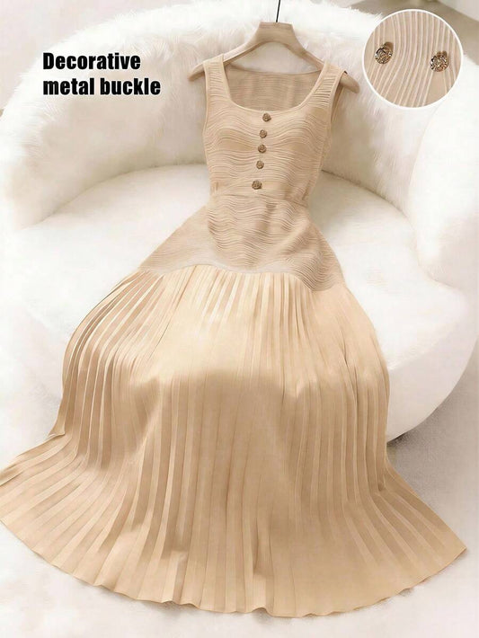 SHEIN Franclia فستان رومانسي بتصميم مطوي مع أزرار بلون مشمشي
