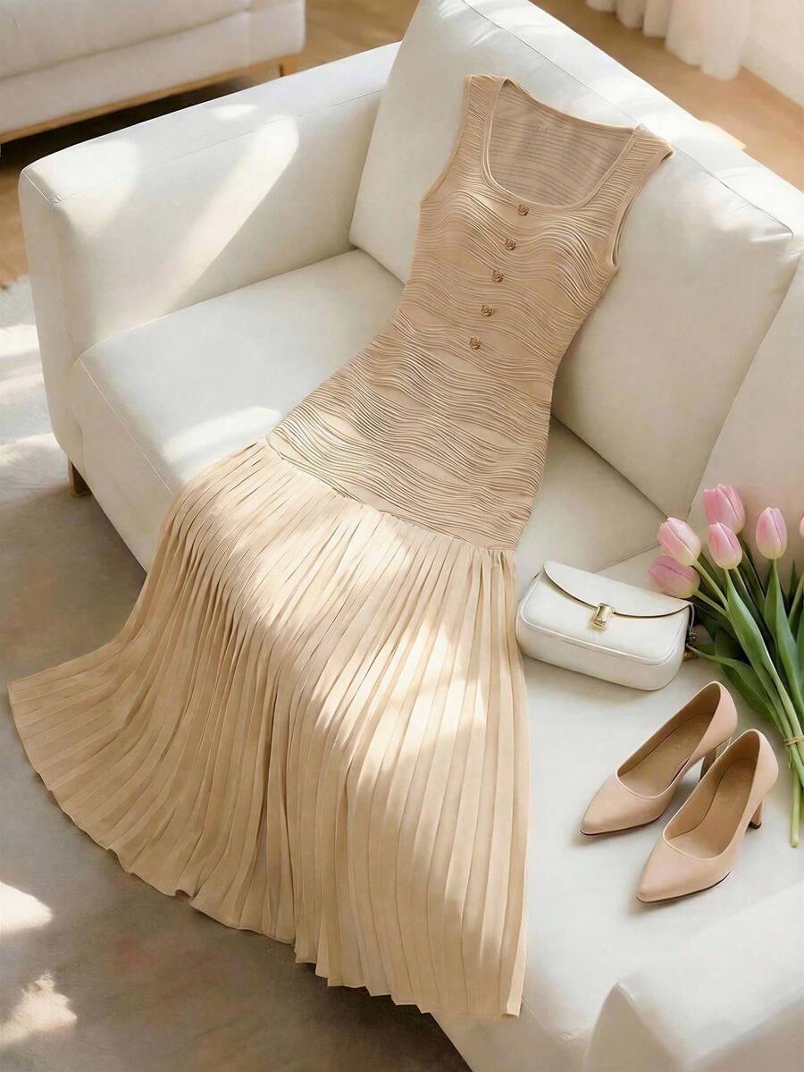 SHEIN Franclia فستان رومانسي بتصميم مطوي مع أزرار بلون مشمشي