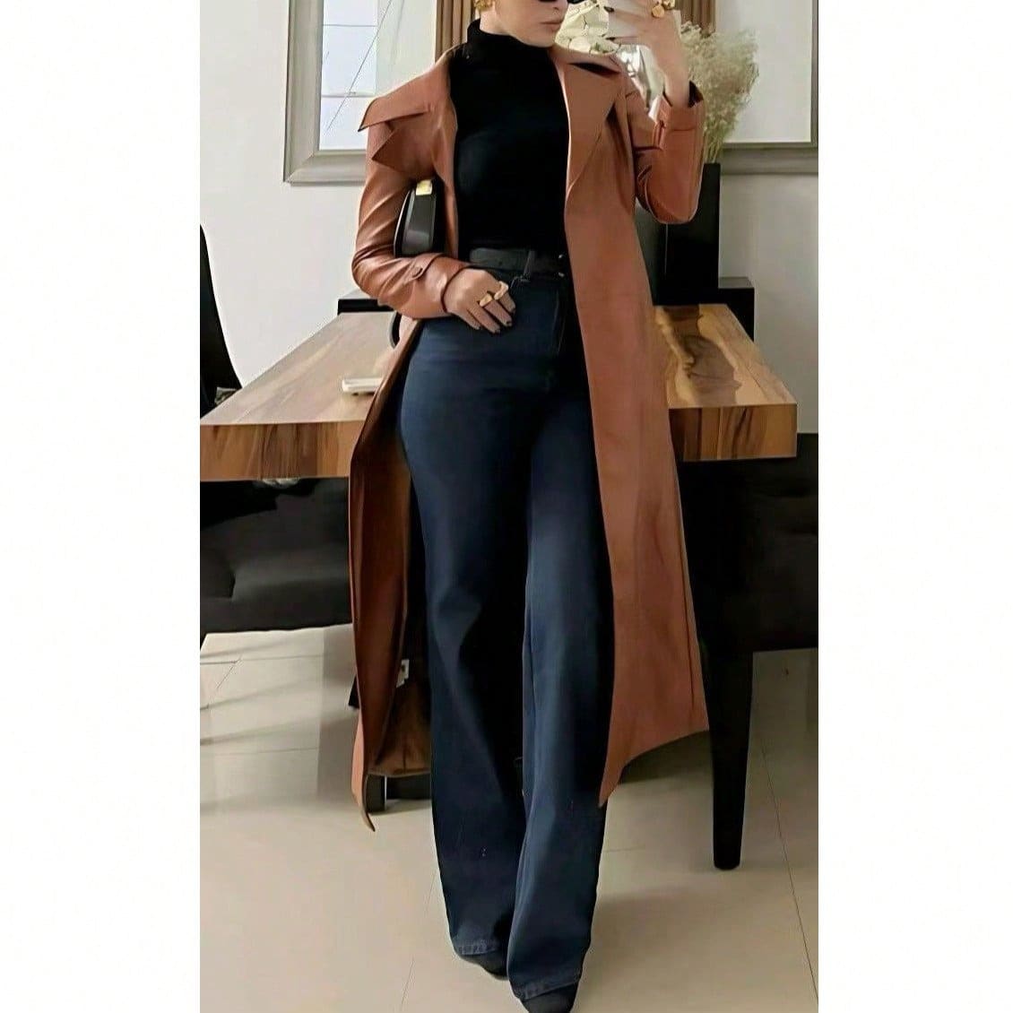 SHEIN بنطال جينز نسائي أزرق داكن بخصر مرتفع وقصة مستقيمة أنيقة