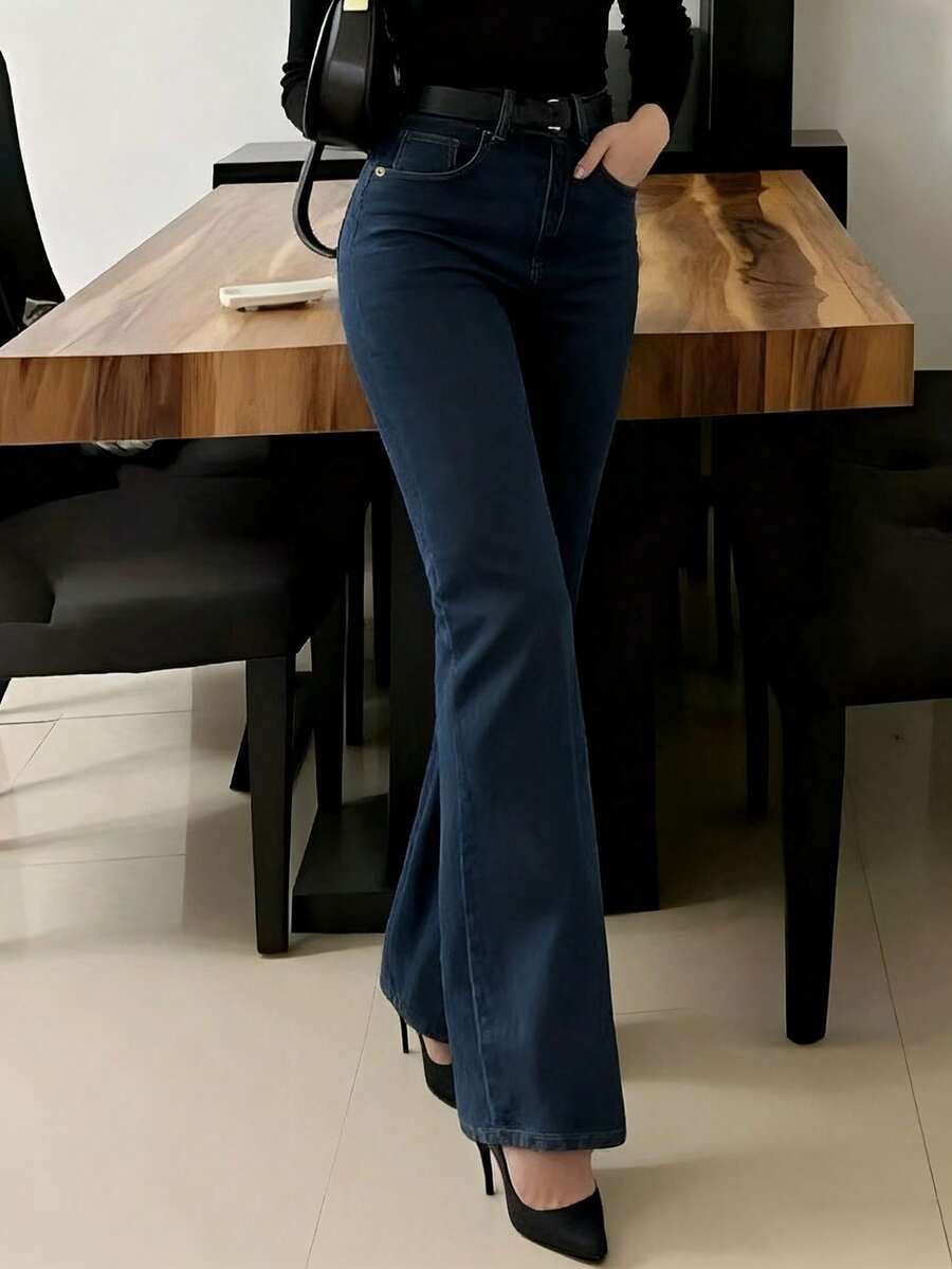 SHEIN بنطال جينز نسائي أزرق داكن بخصر مرتفع وقصة مستقيمة أنيقة