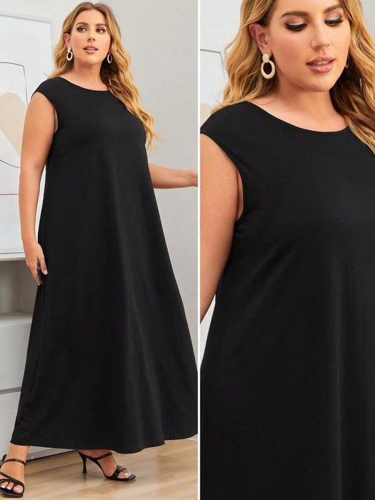 SHEIN Al Najma فستان تانك أسود ماكسي سادة للمقاس الكبير