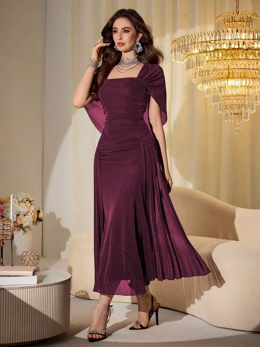 SHEIN Modelyn فستان طويل بأكمام شالية شفافة لامعة