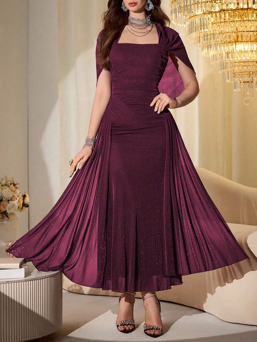 SHEIN Modelyn فستان طويل بأكمام شالية شفافة لامعة