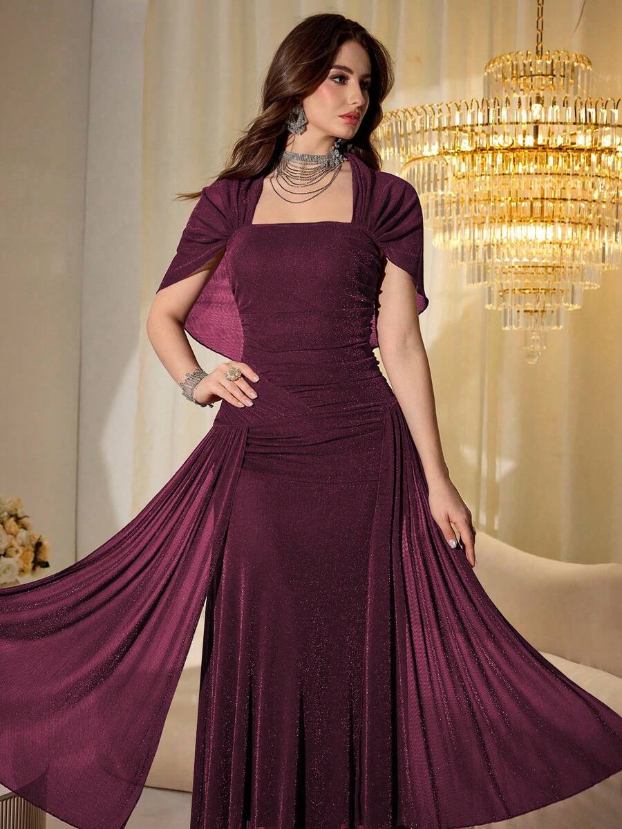 SHEIN Modelyn فستان طويل بأكمام شالية شفافة لامعة