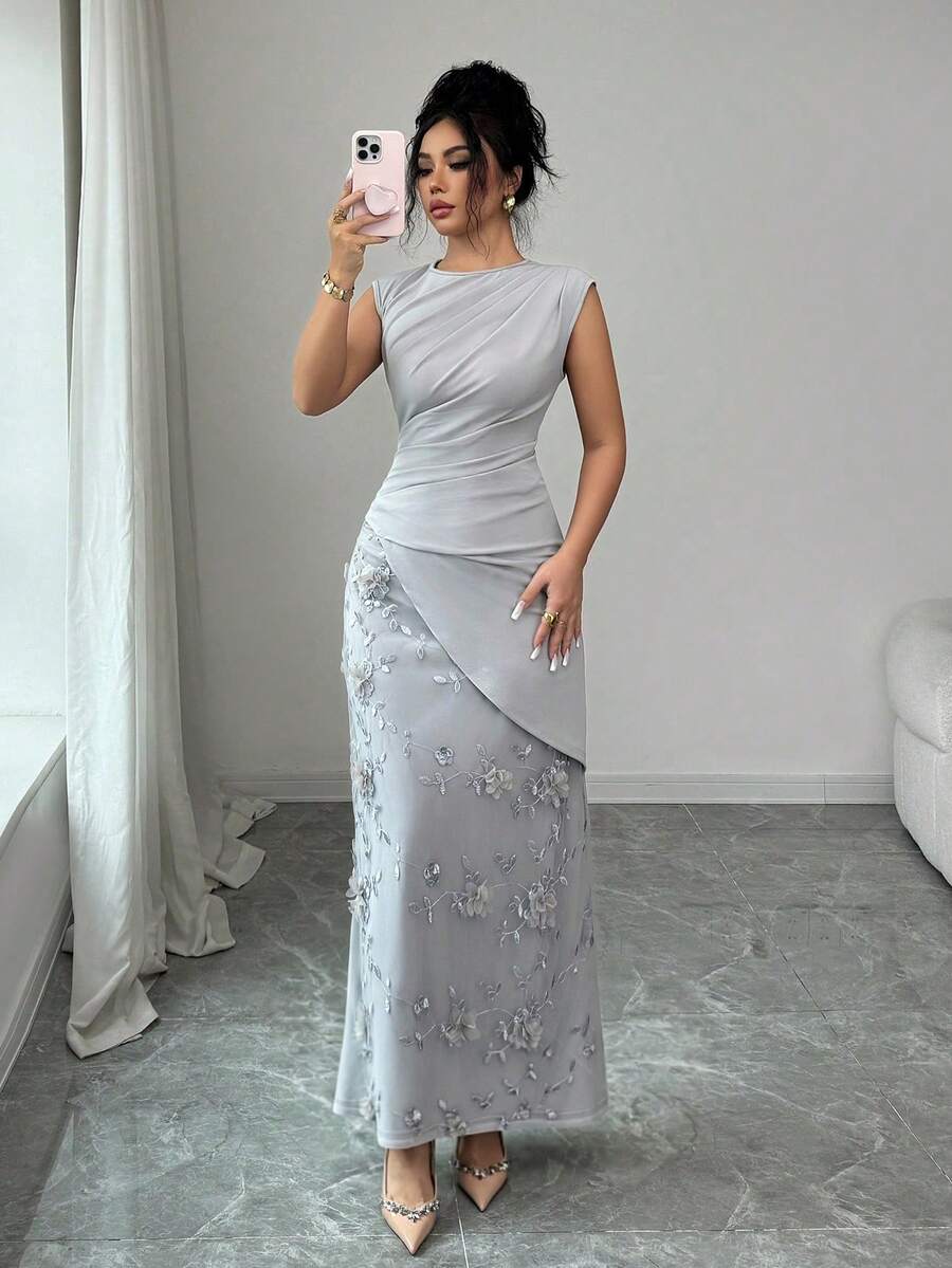 SHEIN Elenzga فستان أنيق مرقع بزهور ثلاثية الأبعاد بلون رمادي