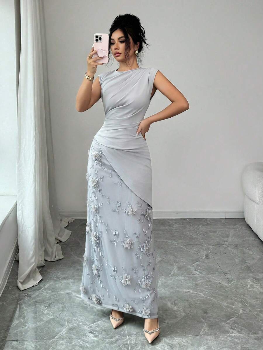 SHEIN Elenzga فستان أنيق مرقع بزهور ثلاثية الأبعاد بلون رمادي