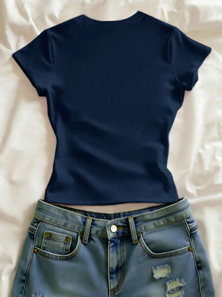 SHEIN تي شيرت أزرق بطبعة زهور كاجوال
