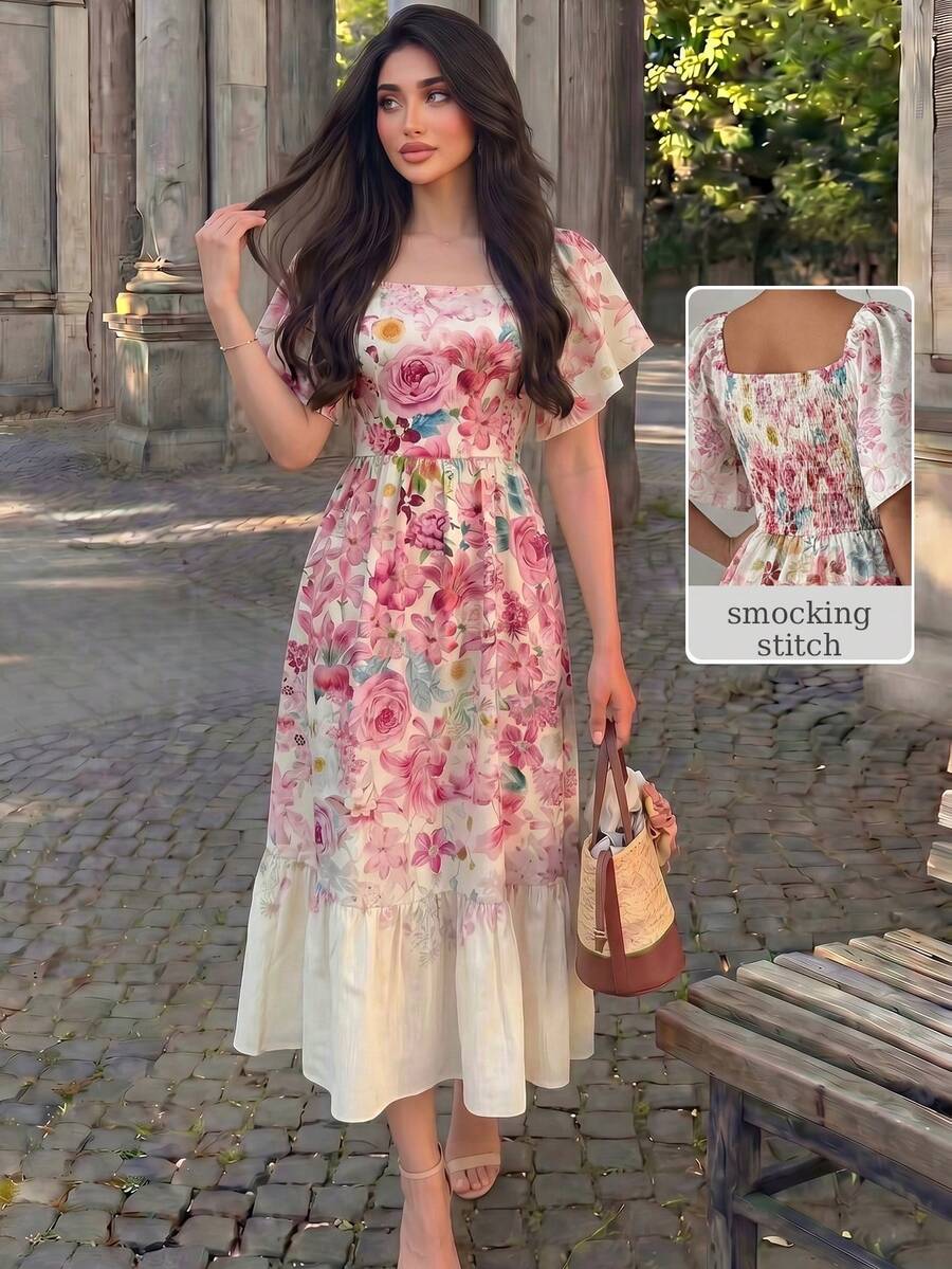 SHEIN Modelyn فستان وردي منسوج رقمي وخصر بفتحة تهوية