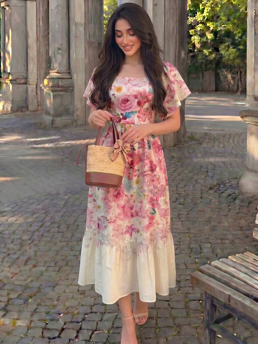 SHEIN Modelyn فستان وردي منسوج رقمي وخصر بفتحة تهوية