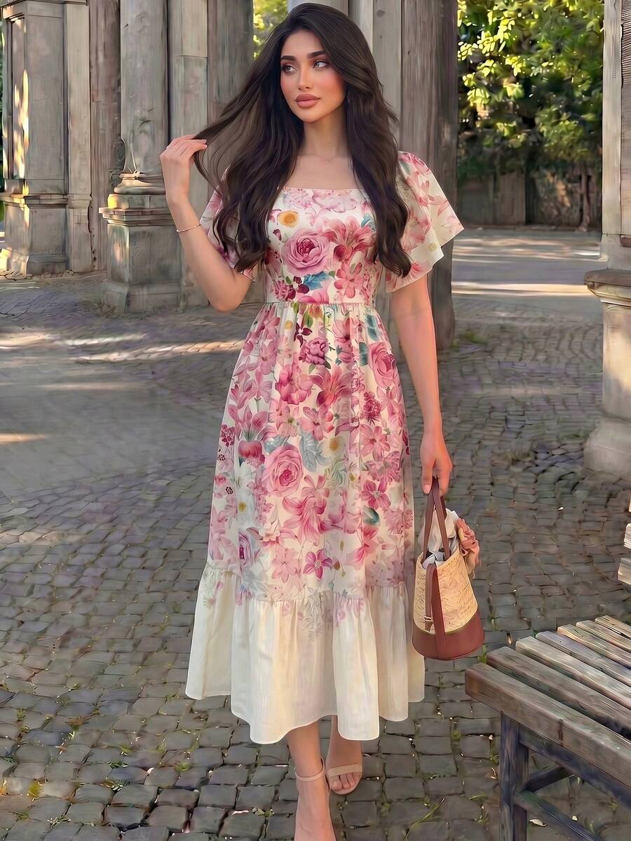 SHEIN Modelyn فستان وردي منسوج رقمي وخصر بفتحة تهوية