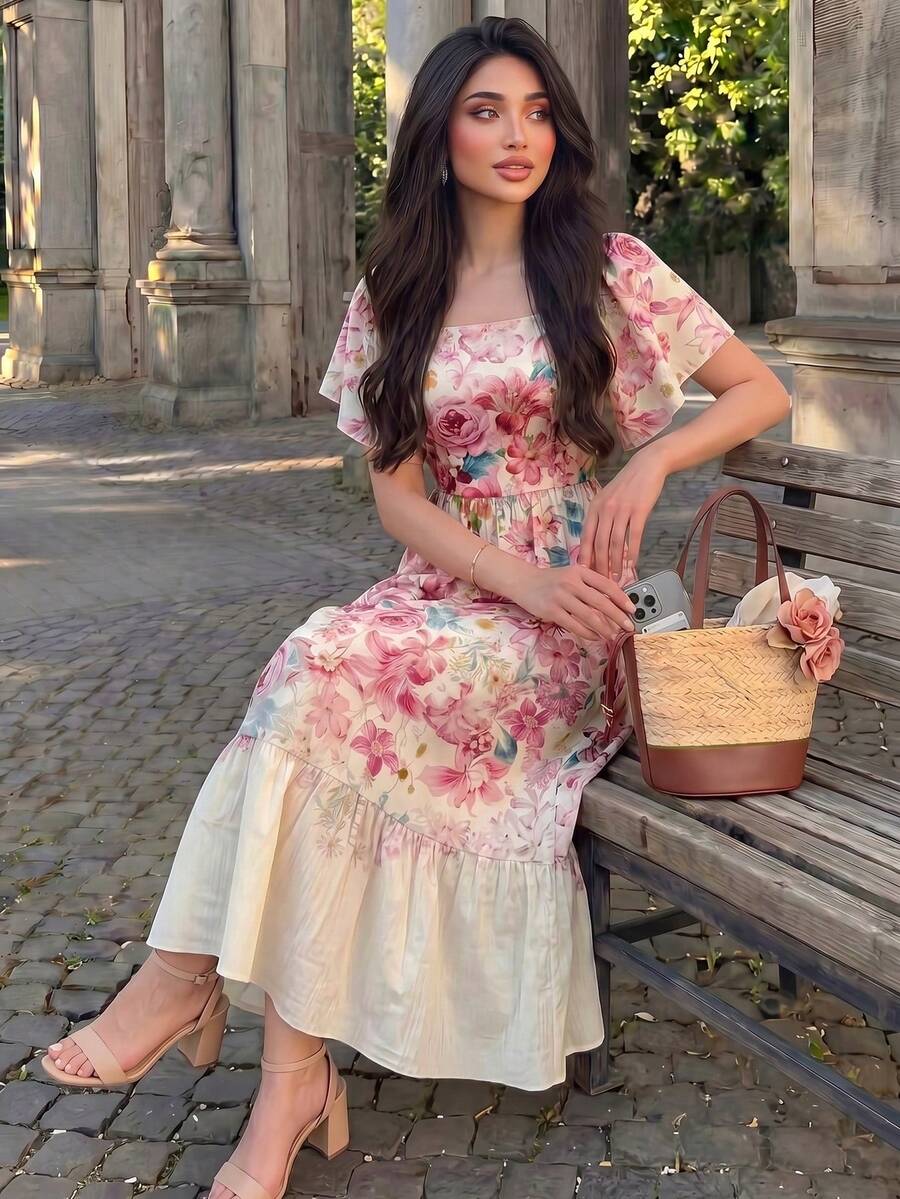 SHEIN Modelyn فستان وردي منسوج رقمي وخصر بفتحة تهوية