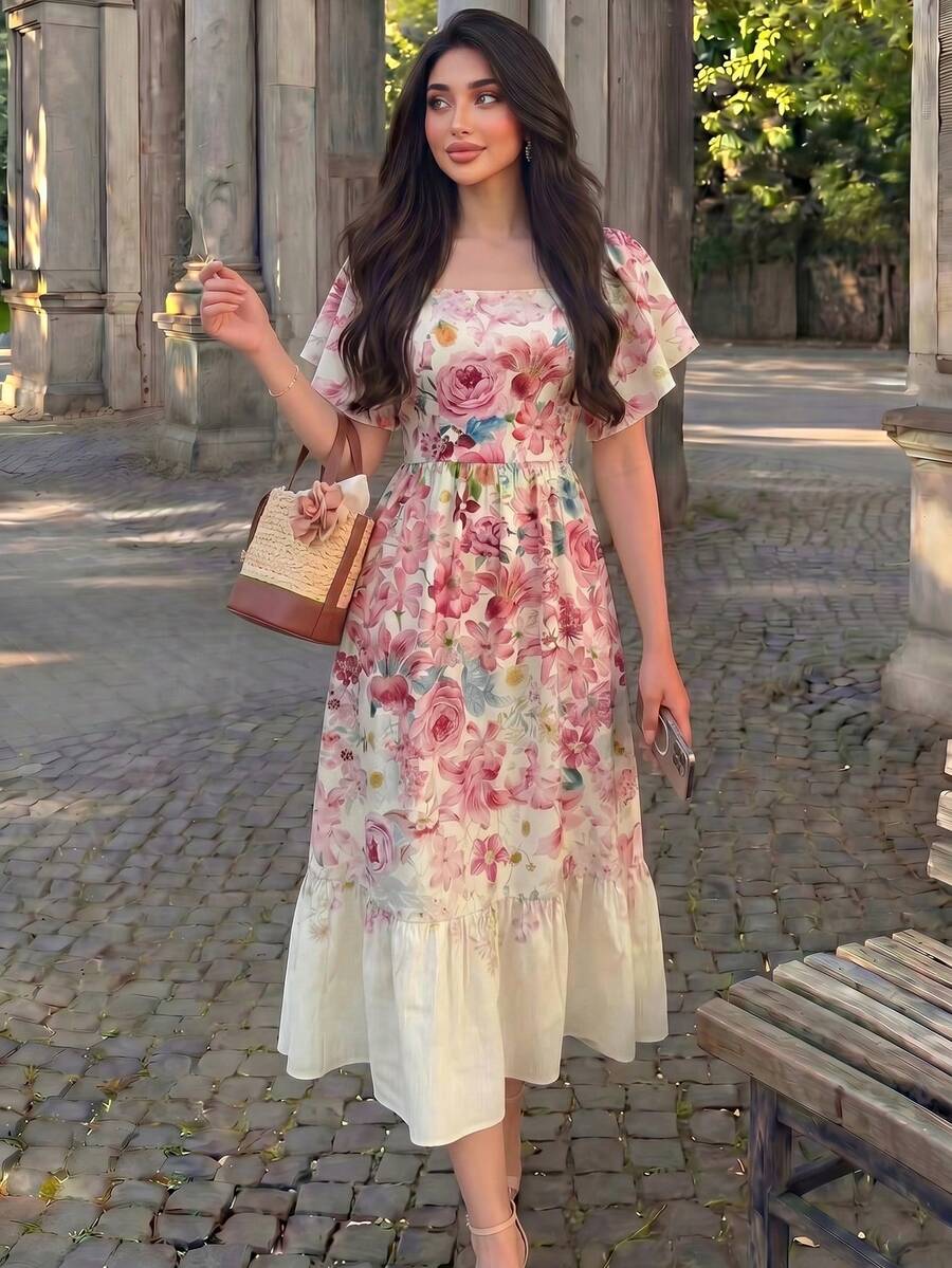 SHEIN Modelyn فستان وردي منسوج رقمي وخصر بفتحة تهوية